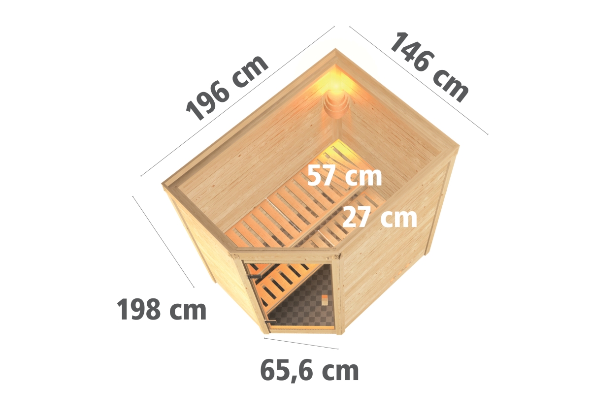 Karibu Plug&Play Sauna Cilja - 196 x 146 cm, 38 mm Massivholzsauna, ohne Kranz|Tür Klarglas|ohne Ofen