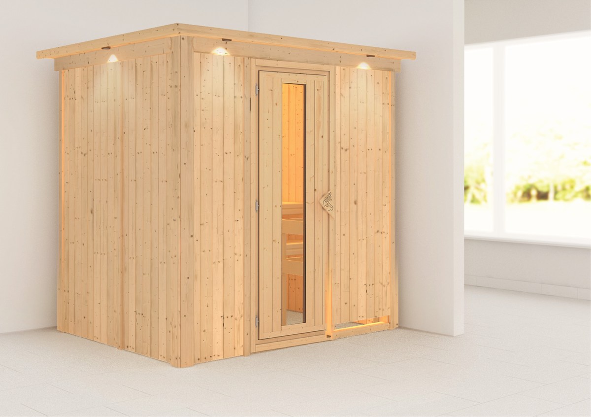 Karibu Energiespar-Sauna Benin GREEN POWER - 196x151 cm, 68 mm Korpus mit Dachkranz|Energiespartür|ohne Ofen