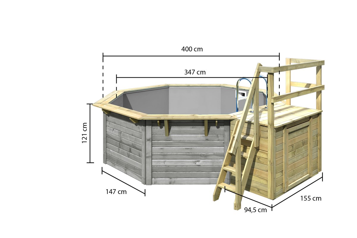 Achteck-Pool X1 400x400 cm mit Terrasse, Holz wassergrau/Folie grau, Karibu