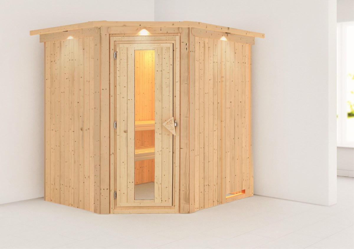 Energiesparsauna Lobin GREEN POWER - 196x170 cm, 68 mm Karibu Sauna mit Dachkranz|ohne Ofen