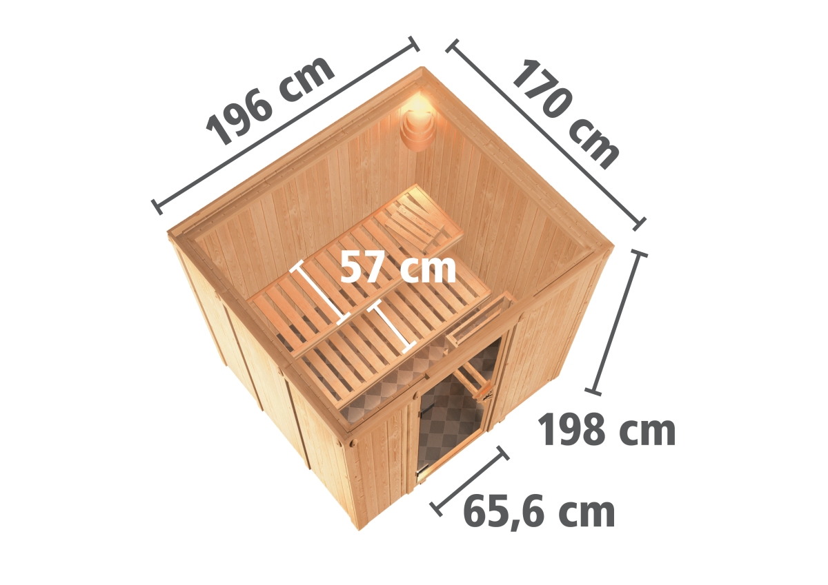 Karibu Sauna Sodin - 196x170 cm, 68 mm Systemsauna "Traditionell", o. Kranz|Energiespartür|o. Ofen