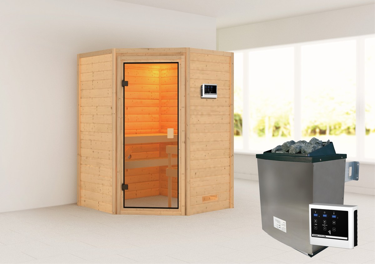 Aktionssauna Valida 1 - 145x145 cm, 38 mm Massivholz|Eckeinstieg|Set-Ofen 2