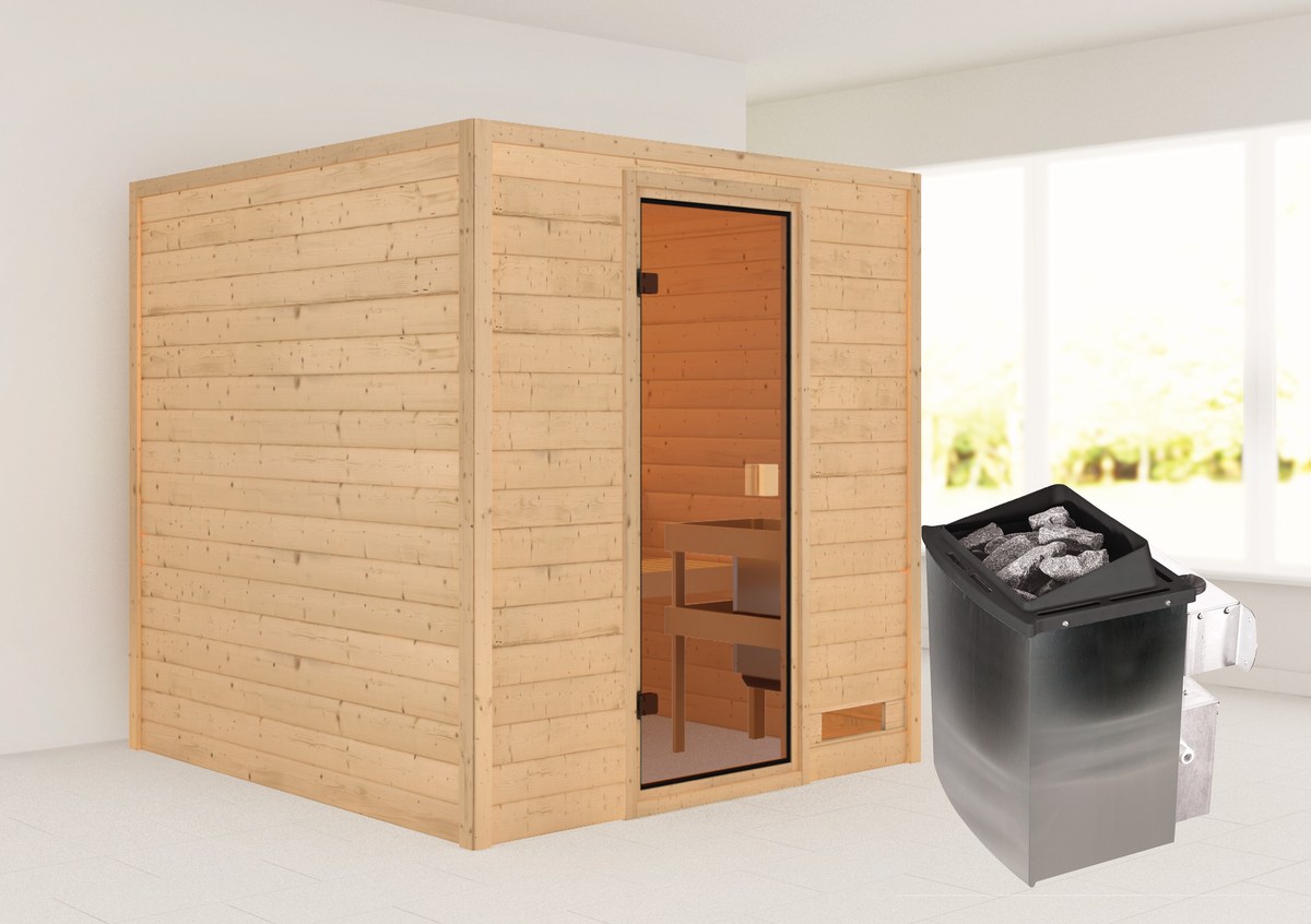 Aktionssauna Valida 3 - 195x195 cm, 38 mm Massivholz, Fronteinstieg|Set-Ofen 1