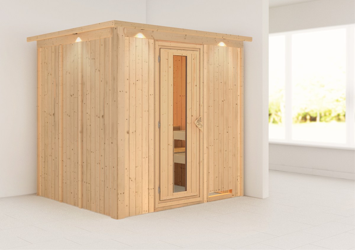 Energiesparsauna Eupin GREEN POWER - 196x170 cm, 68 mm Karibu Systemsauna mit Dachkranz|ohne Ofen