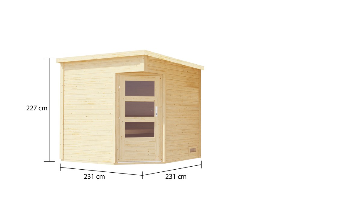 Karibu Eck-Saunahaus Pelle - 231x231 cm, 38 mm Gartensauna naturbelassen|ohne Ofen