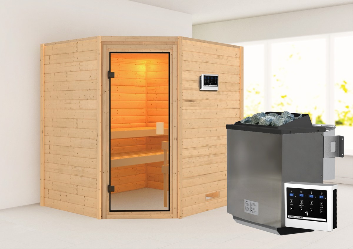 Aktionssauna Valida 3 - 195x169 cm, 38 mm Massivholz, Eckeinstieg|Set-Ofen 3