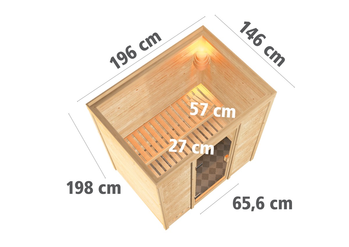 Aktionssauna Bergen 1 - 196x146 cm, 38 mm Massivholz|Set-Ofen 2