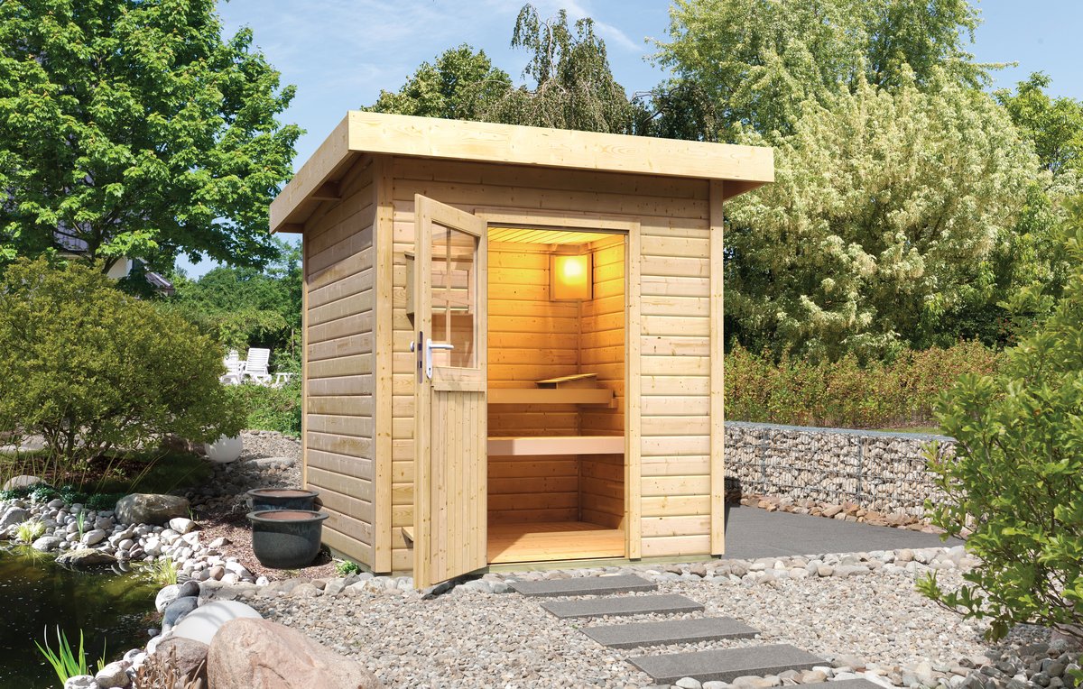 Karibu Saunahaus Taina 196 x 196 cm, 38 mm WOODfeeling, naturbelassen|ohne Ofen