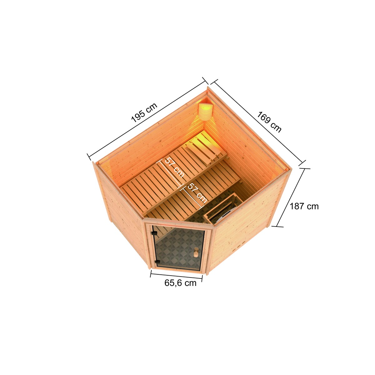 Aktionssauna Valida 3 - 195x169 cm, 38 mm Massivholz, Eckeinstieg|Set-Ofen 3