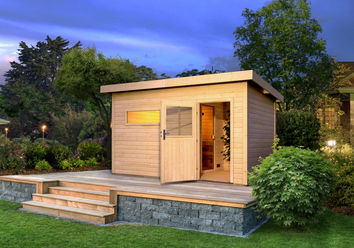 Karibu Saunahaus Suva 3, 396 x 231 cm, 38 mm WOODfeeling, naturbelassen|ohne Ofen