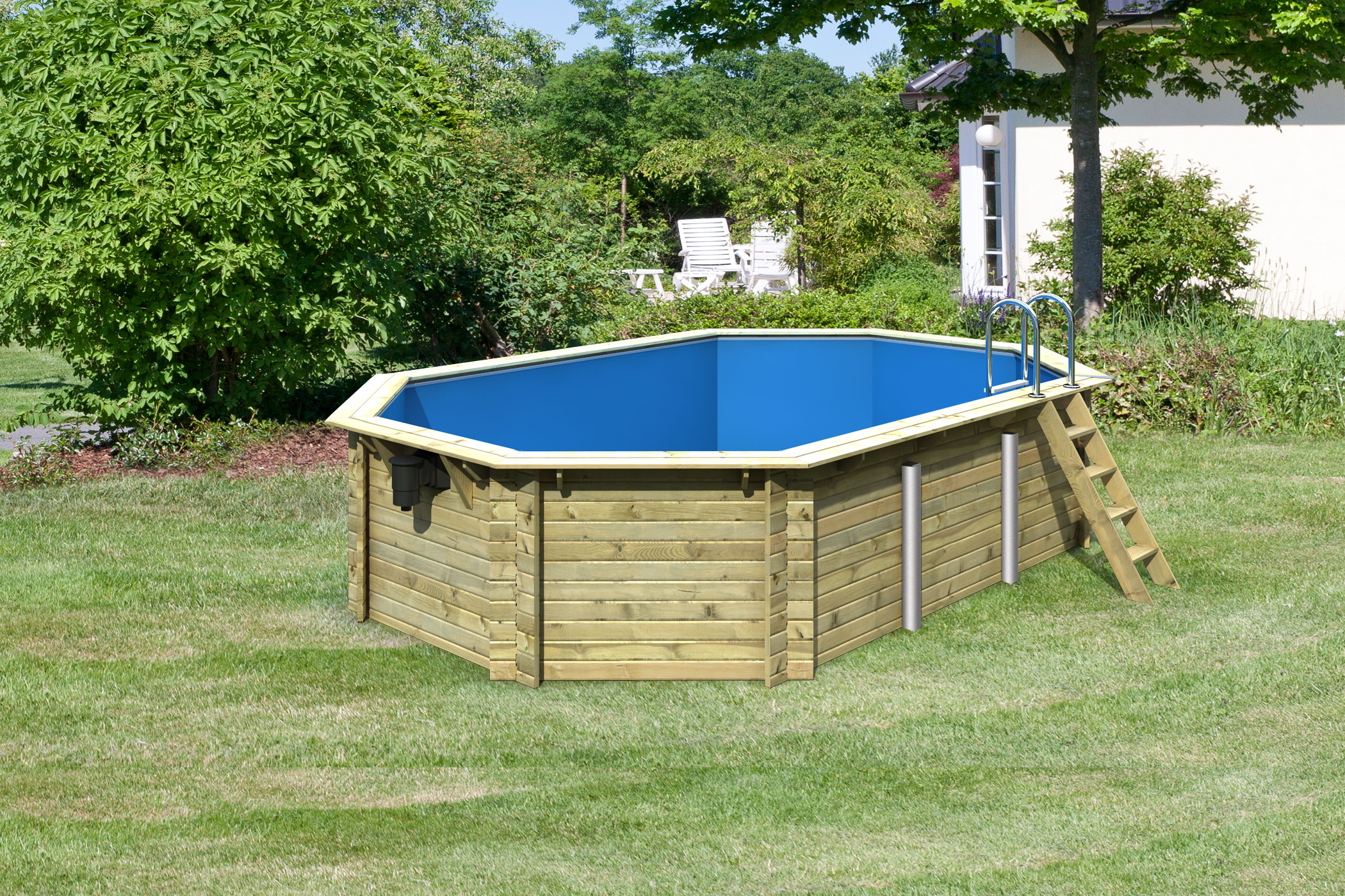 Karibu Pool Modell 4A Classic 400x611 cm, Holz kdi mit blauer Poolfolie