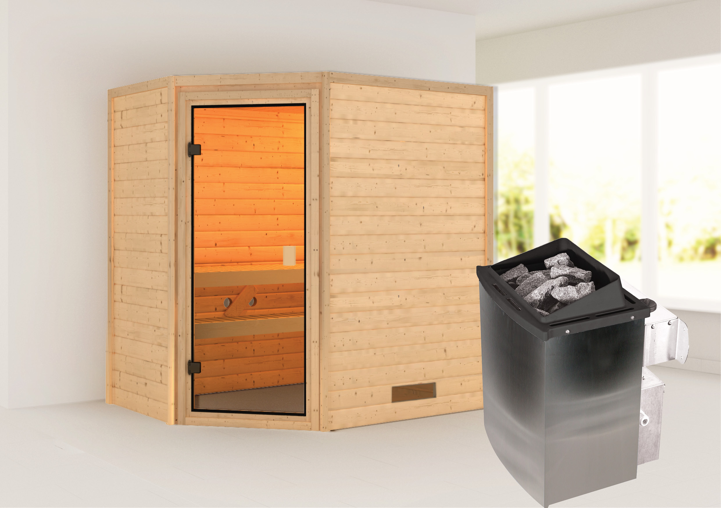 Aktionssauna Kemi 1 mit Eckeinstieg - 196x146 cm|Set-Ofen 1